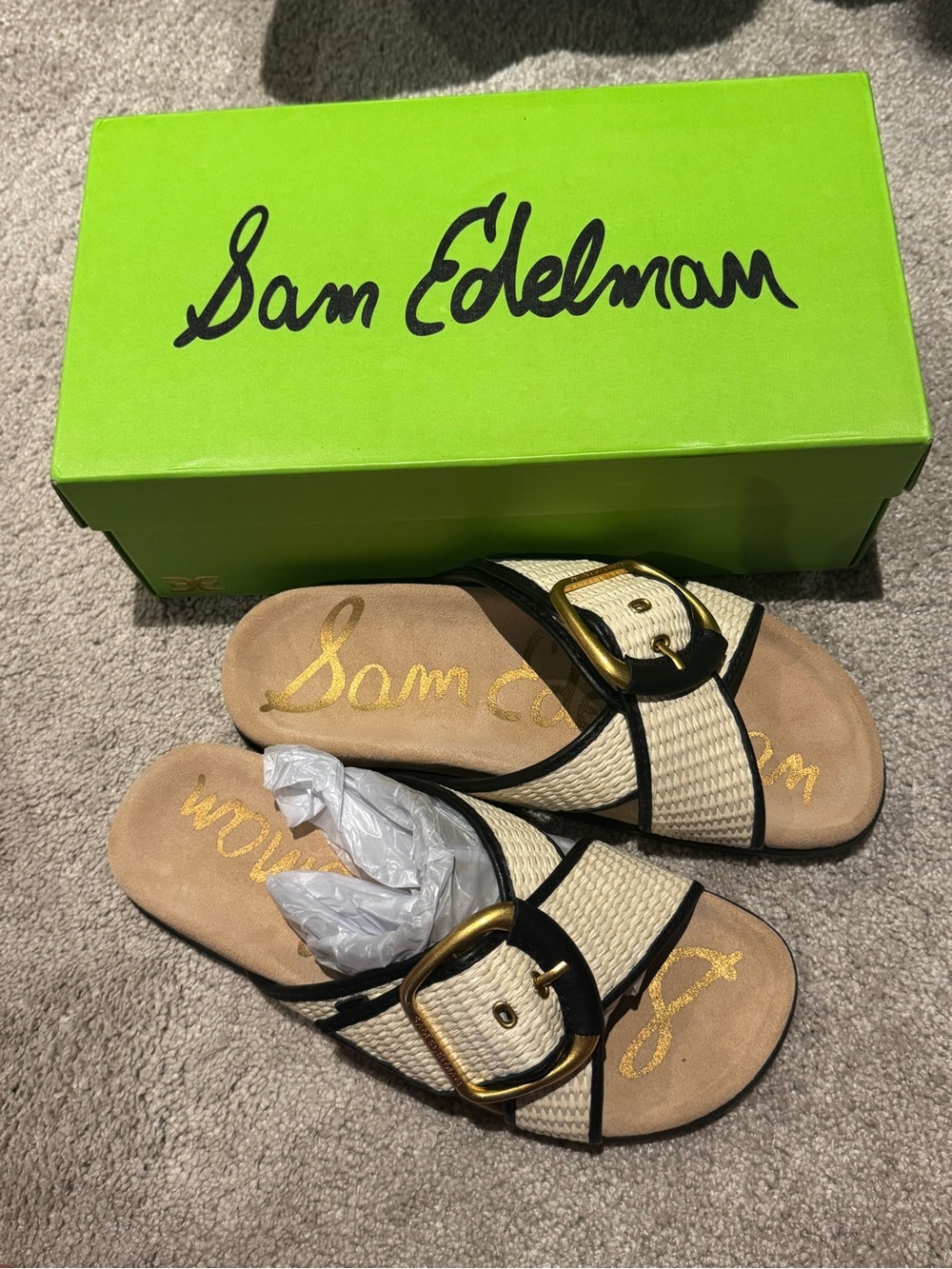 NIB Sam Edelman Women’s Darla Linen Woven Slide Sandals with Gold Buckle 8